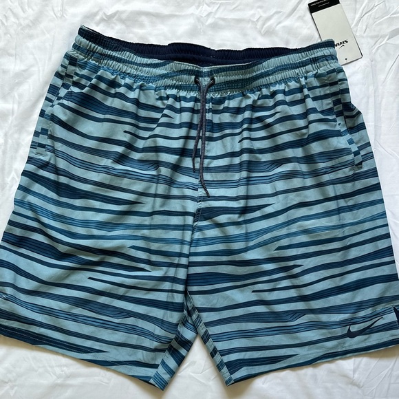 Nike Men's Aqua and Navy Striped Swim Shorts - Picture 1 of 8